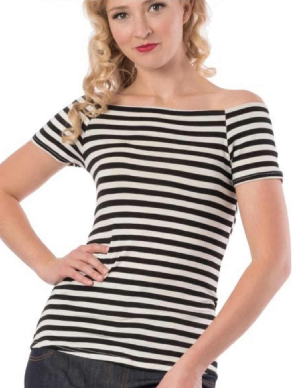 Retro Sandra Dee Cold Shoulder Striped Top In Black And Ivory Sz 1x